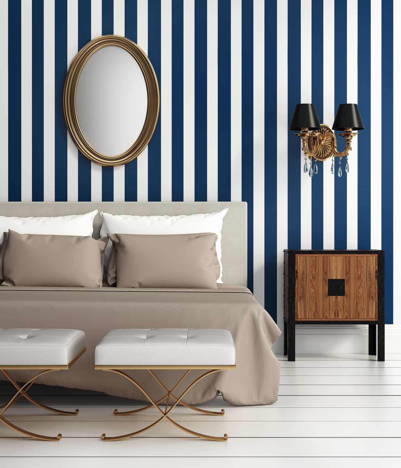Contemporary elegant luxury bedroom with blue stripes wallpaper